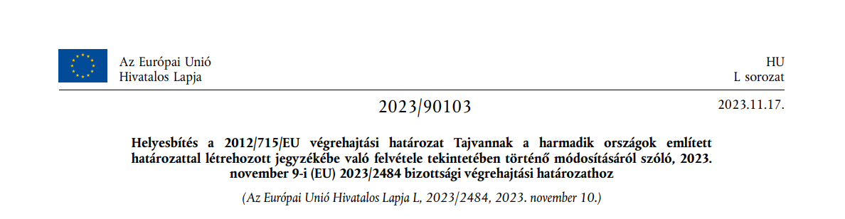 Helyesbítés címe a Hivatalos Lap fejlécével, L sorozat.